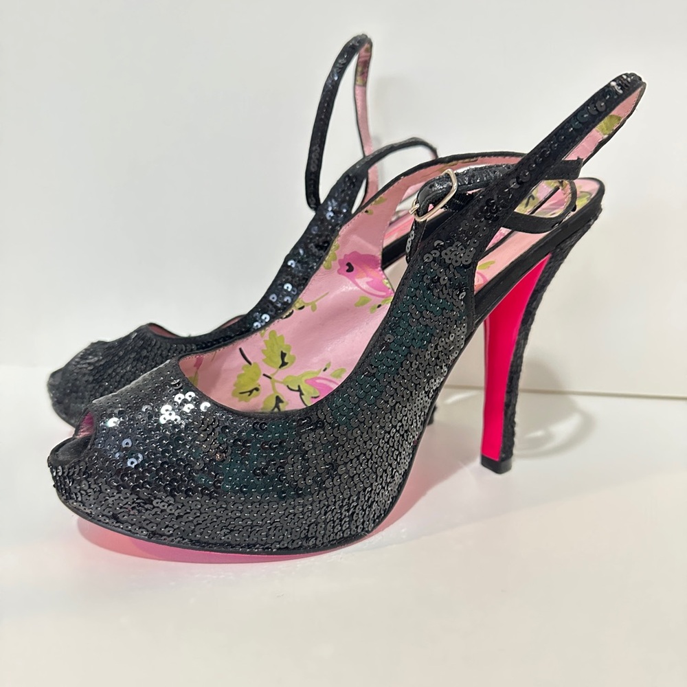 Betsey Johnson Black Sequin Slingback Heels